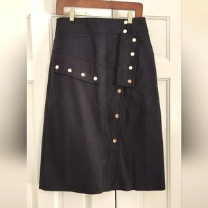TIBI • Black Midi Skirt with Snaps, A-Line Style, Size 8